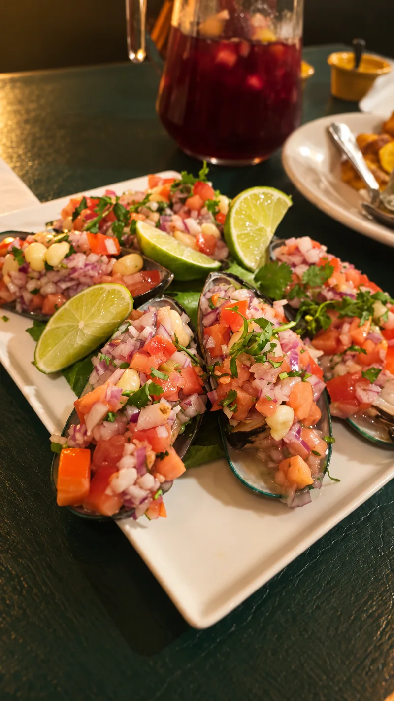 Green-lipped mussels topped with diced tomato, onion, corn and cilantro, with lime wedges
