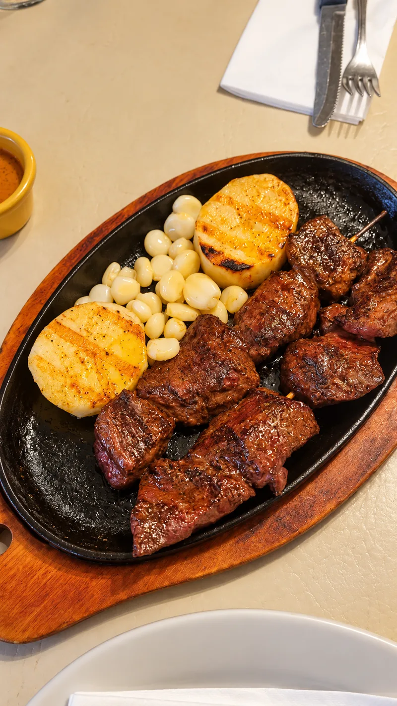 Grilled beef skewers with potato rounds and Peruvian corn on a cast-iron plate